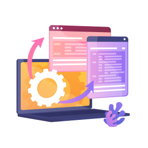 Illustrazione di un computer portatile con due finestre fluttuanti del browser web, una rosa e una viola, che visualizzano un codice. Le frecce collegano le finestre e un ingranaggio, che simboleggia lo sviluppo di software, progetti e-commerce e soluzioni di commercio elettronico.