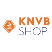 Logo del KNVB Shop caratterizzato da un esagono arancione con un leone bianco e KNVB all'interno, che evidenzia progetti e-commerce e soluzioni commercio elettronico, accanto alle parole KNVB in arancione e SHOP in blu su sfondo bianco.