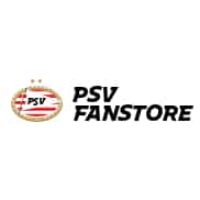 Logo del PSV FANSTORE con l'emblema della squadra di calcio PSV Eindhoven a strisce bianche e rosse a sinistra e il testo nero in grassetto PSV FANSTORE a destra, che rappresenta progetti e-commerce e soluzioni commercio elettronico.