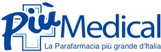 Logo di Più Medical con una croce blu sullo sfondo. La tagline sottostante recita: La Parafarmacia più grande d'Italia in testo blu, riflettendo lo stile moderno spesso associato a Zita Fabiani.