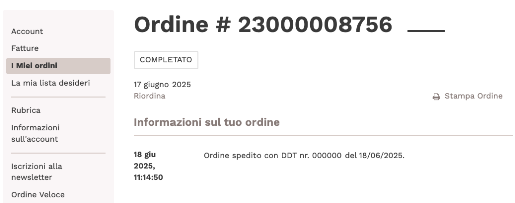 pagina ordine dashboard
