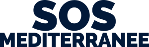 Il testo SOS MEDITERRANEE in grassetto, in lettere maiuscole blu scuro su sfondo trasparente, evidenzia l'impegno pro bono dell'organizzazione.