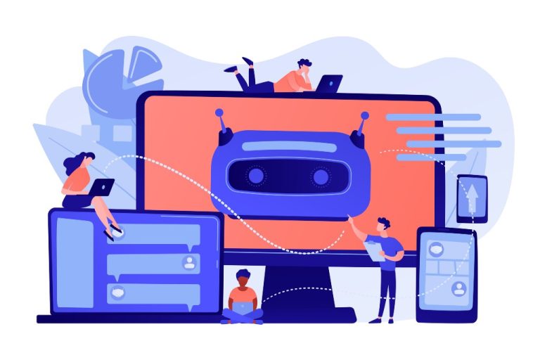 Illustrazione di persone che interagiscono con chatbot su dispositivi digitali, che simboleggiano la comunicazione online, l'intelligenza artificiale e l'Accessibilità Digitale ed e-Commerce: Guida alla Conformità con la Direttiva Europea 2019/882.