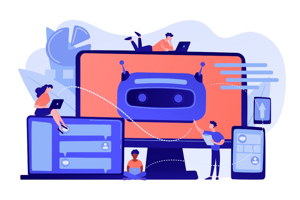 Illustrazione di persone che interagiscono con chatbot su dispositivi digitali, che simboleggiano la comunicazione online, l'intelligenza artificiale e l'Accessibilità Digitale ed e-Commerce: Guida alla Conformità con la Direttiva Europea 2019/882.