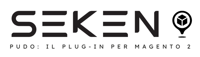 Logo con la parola SEKEN in grassetto, carattere moderno. A destra si trova l'icona di una spilla con un cubo all'interno. In basso, il testo recita: PUDO Magento 2 di Seken: IL PLUG-IN PER MAGENTO 2.