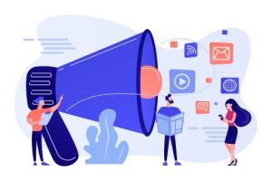 Illustrazione di tre persone vicino a un grande megafono, con icone digitali fluttuanti per e-mail, video e social media, che simboleggiano la comunicazione, il marketing digitale e i progetti innovativi nel panorama digitale.