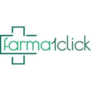 Logo per farma1click con la parola farma all'interno di una croce medica delineata in verde e 1click in lettere minuscole verdi; è presente un effetto gradiente dal verde scuro al verde chiaro.