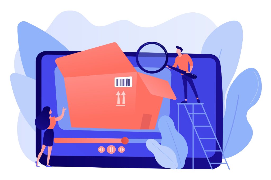 Illustrazione di una donna e un uomo che esaminano un grande pacchetto sullo schermo di un tablet, a simboleggiare Browser AI: la nuova frontiera del web nel 2025? L'uomo è in piedi su una scala con una lente di ingrandimento, mentre la donna gesticola verso i pulsanti di controllo sottostanti.