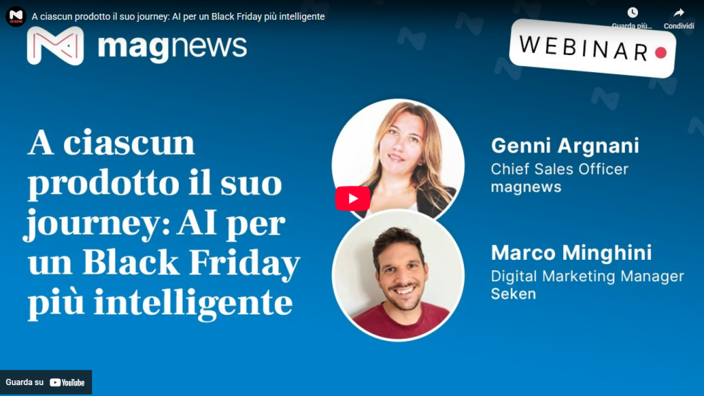 Slide del webinar con logo magnews, foto di Genni Argnani e Marco Minghini e testo: A ciascun prodotto il suo viaggio: AI per un Black Friday più intelligente. Vengono mostrati anche i titoli dei lavori.