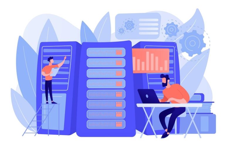 Illustrazione di un uomo su una scala che lavora con i server e un altro alla scrivania che utilizza un computer portatile, con grafici e ingranaggi sullo sfondo, che cattura l'essenza di Prestazioni Magento: server cloud o fisico? Il confronto che fa la differenza.