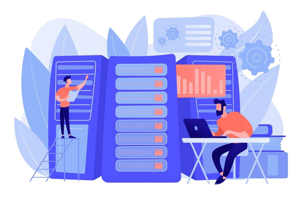 Illustrazione di un uomo su una scala che lavora con i server e un altro alla scrivania che utilizza un computer portatile, con grafici e ingranaggi sullo sfondo, che cattura l'essenza di Prestazioni Magento: server cloud o fisico? Il confronto che fa la differenza.