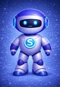 Un simpatico robot blu e argento con occhi azzurri luminosi e una grande S sul petto si trova su uno sfondo stellato e scintillante, pronto a offrire servizi. Il robot ha un'espressione amichevole e un design futuristico e arrotondato.