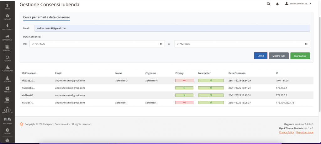 Una pagina web intitolata "Gestione Consensi Iubenda" presenta la soluzione Iubenda per la gestione dei consensi su Magento: gestione dei consensi dal backend, con filtri di ricerca, una tabella dei consensi degli utenti, opzioni di esportazione in formato CSV e la possibilità di aprire più schede del browser.