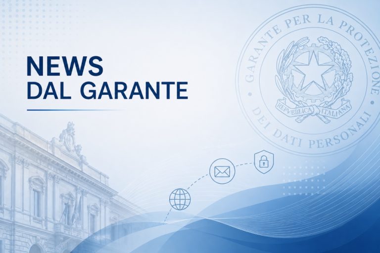 Grafica blu con testo in italiano “Notizie dal Garante”, timbro ufficiale, icone relative al web, alla posta elettronica e ai documenti, e un’immagine sfocata di un edificio storico sullo sfondo: il tutto a rappresentare notizie e aggiornamenti sulla protezione dei dati relativi a temi quali il pixel di tracciamento nelle e-mail.