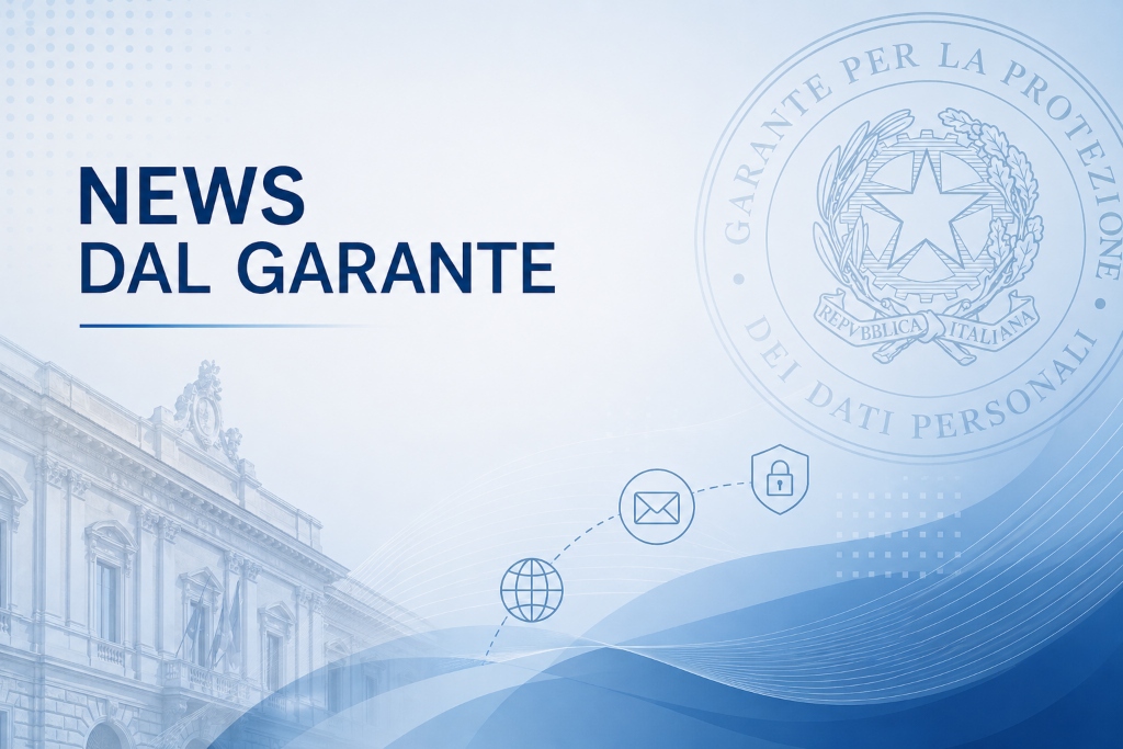 Grafica blu con testo in italiano “Notizie dal Garante”, timbro ufficiale, icone relative al web, alla posta elettronica e ai documenti, e un’immagine sfocata di un edificio storico sullo sfondo: il tutto a rappresentare notizie e aggiornamenti sulla protezione dei dati relativi a temi quali il pixel di tracciamento nelle e-mail.