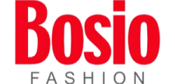Logo con la parola Bosio in grandi lettere rosse in grassetto sopra la parola FASHION in lettere maiuscole più piccole e grigie, il tutto su uno sfondo grigio chiaro - creato nell'ambito di progetto Magnews.