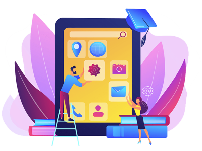 Grafica con persone che posizionano applicazioni su uno schermo di cellulare